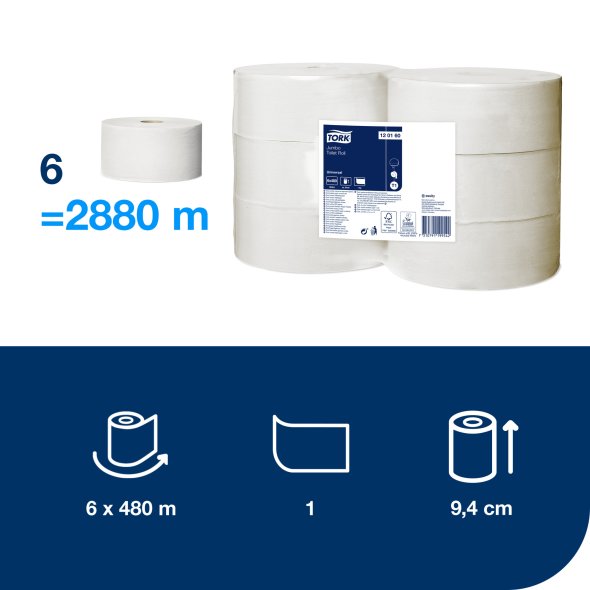 Tork T1 Jumbo toiletpapir,natur 1 lags, 2400 ark pr. rulle, 6 ruller/krt