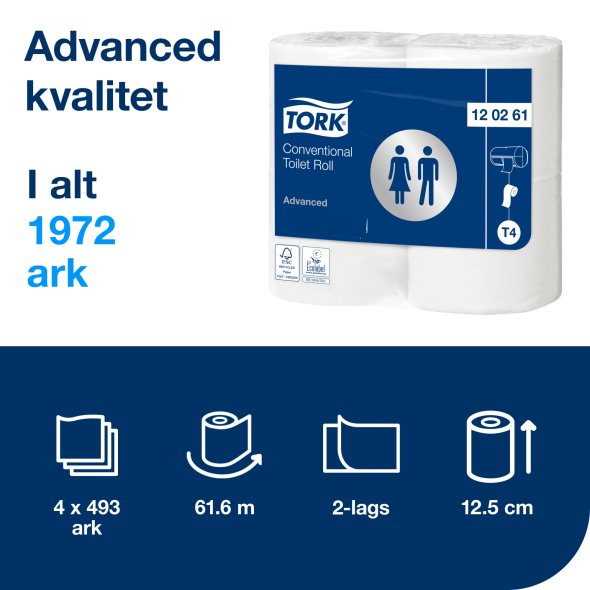 Tork Toiletpapir T4 Advanced 2 lags, 69,4M hvid 100% 24 rl/krt