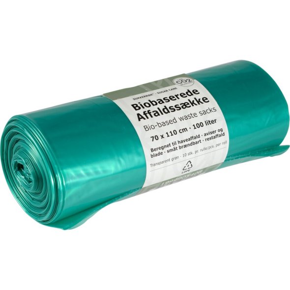 Biobaserede s�kke, 100 l, transparent gr�n, LDPE/sukkerr�r, 70x110 cm, 25% green PE + 75% virgin LDPE