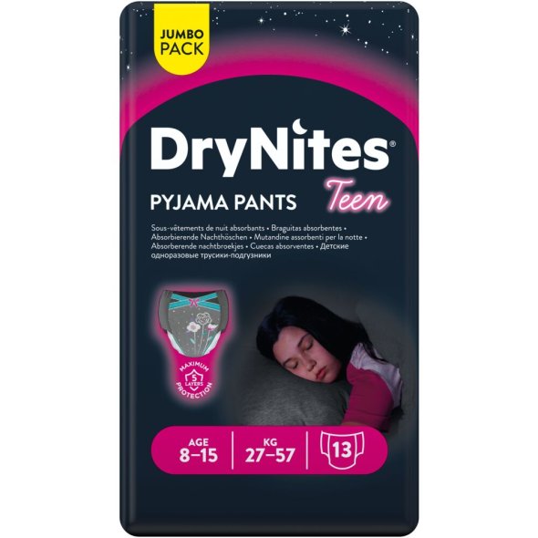 Brneble, bukseble, DryNites Pyjama Pants, 8-13 r, med print, pige, 30-48 kg 52stk