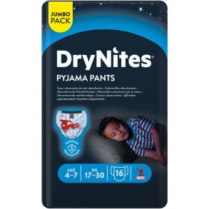 Brneble, bukseble, DryNites Pyjama Pants, bl, 4-7 r, dreng, med print 64stk/kolli