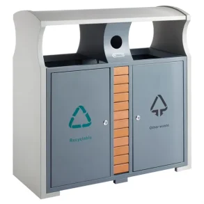 Udendrs affaldsspand, gr, pulverlakeret stl, 3-rums, 2x39 l, med mindre beholder til batterier, ilddmpende
