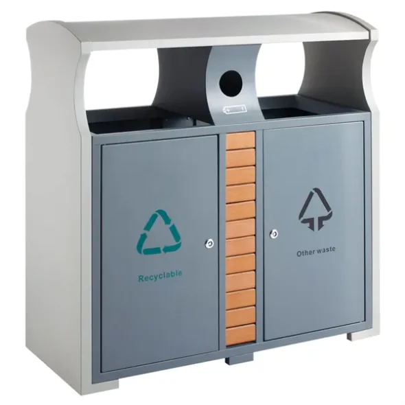 Udendrs affaldsspand, gr, pulverlakeret stl, 3-rums, 2x39 l, med mindre beholder til batterier, ilddmpende
