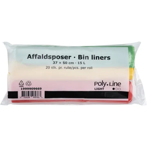 Affaldspose, 15 l, flerfarvet, LDPE/virgin, 37x50cm, 3 rl. m 20 poser, grn/gul/rd