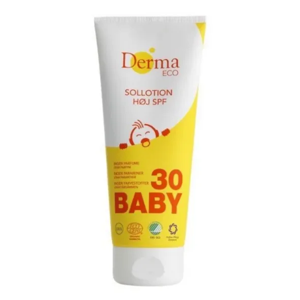 Baby sollotion, SpF 30 hj, Derma Helse, uden parfume, parabener og farvestoffer, 200 ml, 6 stk/krt