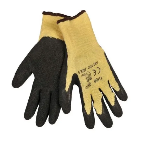 Halvdyppet latexhandske, Thor Grip, gul, overhnd i polyester, ribkant, Str. 9 x 1 par