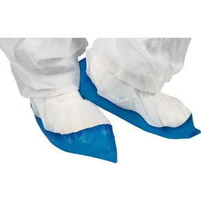 Overtrkssko, XL, 40x16,5cm, 60 micron, hvid, PE/PP, skridsikker, med bl underside, engangs 400stk/pak