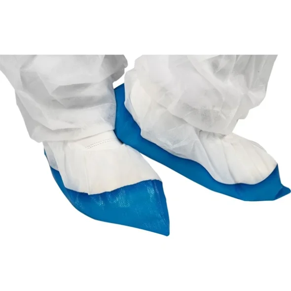 Overtrkssko, XL, 40x16,5cm, 60 micron, hvid, PE/PP, skridsikker, med bl underside, engangs 400stk/pak