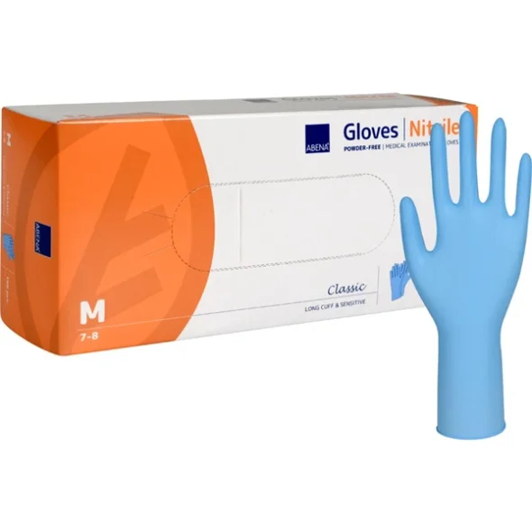 Nitrilhandske Lang, M, bl u/pudder 100stk/pak